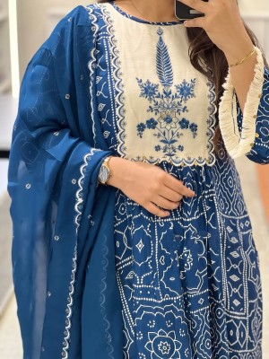 Dark Blue Printed Anarkali Frock Style Ethnic Indian Pakistani Salwar Kameez Kurti Pant Dupatta Set