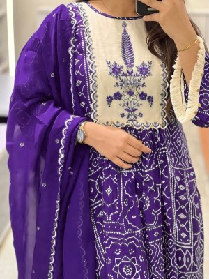 Blue Printed Anarkali Frock Style Ethnic Indian Pakistani Salwar Kameez Kurti Pant Dupatta Set