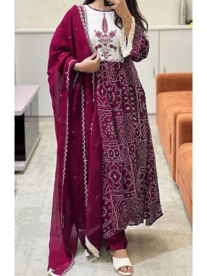 Maroon Printed Anarkali Frock Style Ethnic Indian Pakistani Salwar Kameez Kurti Pant Dupatta Set