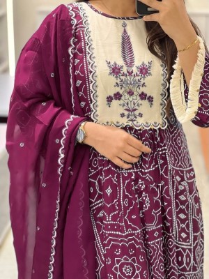 Maroon Printed Anarkali Frock Style Ethnic Indian Pakistani Salwar Kameez Kurti Pant Dupatta Set