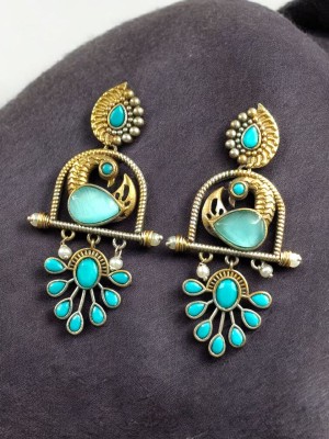 Attractive Dual Tone Peacock Dangler Designer Ethnic Earrings Embellished with Stone & Pearls 