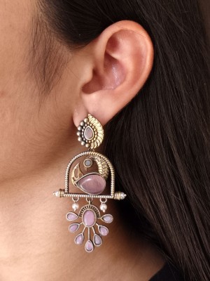 Attractive Dual Tone Peacock Dangler Designer Ethnic Earrings Embellished with Stone & Pearls 