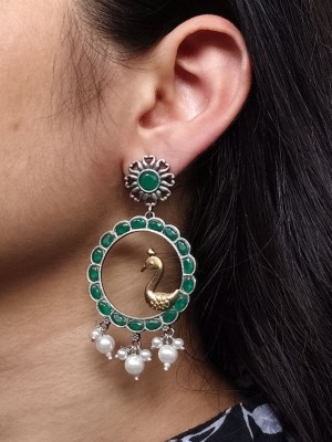 Exquisite Dual Tone Peacock in Circle Dangler Designer Ethnic Earrings Embellished with Stone & Pearls 