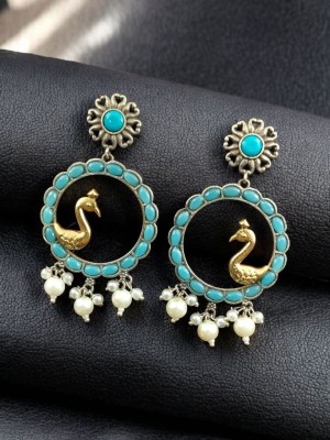 Exquisite Dual Tone Peacock in Circle Dangler Designer Ethnic Earrings Embellished with Stone & Pearls 