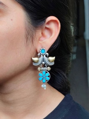 Stylish Dual Tone Indian Bird Designer Earring Traditional Stonework Dangler with Pearl Drops for Women