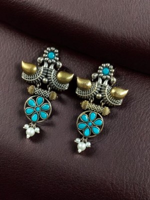 Stylish Dual Tone Indian Bird Designer Earring Traditional Stonework Dangler with Pearl Drops for Women