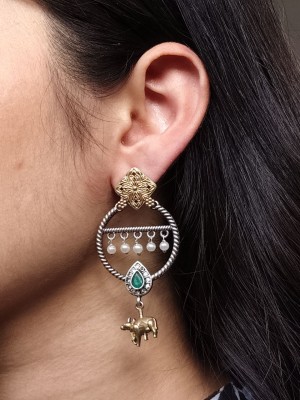 Dual Tone Kamdhenu Cow Drop Round Circle Earrings Ethnic Stone & Pearl Designer Traditional Dangler