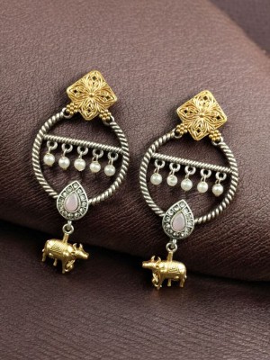 Dual Tone Kamdhenu Cow Drop Round Circle Earrings Ethnic Stone & Pearl Designer Traditional Dangler