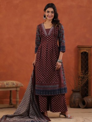 Maroon Embroidered Anarkali Kurta Kurti Pant Dupatta Set Gown Partywear Salwar Kameez Dress for Festival