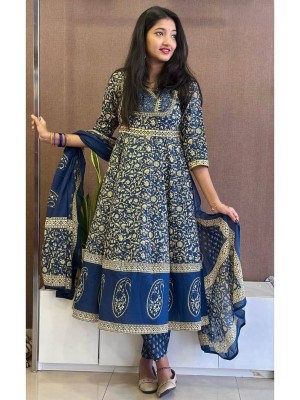 Muskan Blue Hand Block Printed Frock Style Salwar Kameez for Anarkali Kurta Kurti Pant Dupatta Set Gown Dress