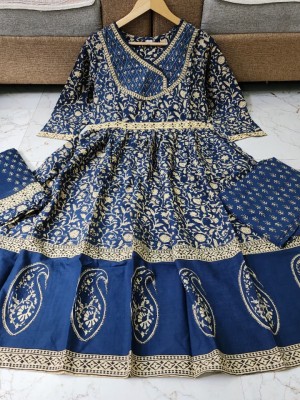 Muskan Blue Hand Block Printed Frock Style Salwar Kameez for Anarkali Kurta Kurti Pant Dupatta Set Gown Dress