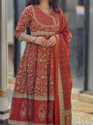 Muskan Rust Orange Hand Block Printed Frock Style Salwar Kameez for Anarkali Kurta Kurti Pant Dupatta Set Gown Dress