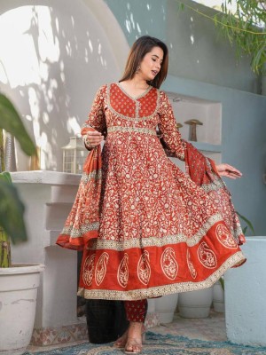 Muskan Rust Orange Hand Block Printed Frock Style Salwar Kameez for Anarkali Kurta Kurti Pant Dupatta Set Gown Dress