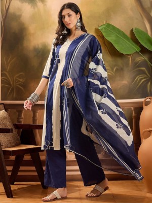 Blue Striped Straight Kurti Pant Dupatta Set Elegant Salwar Kameez Indian Outfit for Women - Set of 3