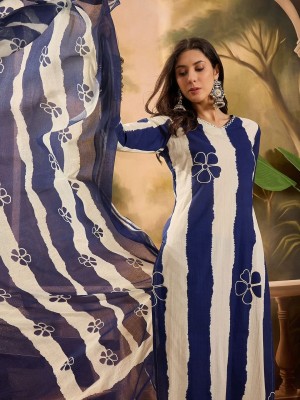 Blue Striped Straight Kurti Pant Dupatta Set Elegant Salwar Kameez Indian Outfit for Women - Set of 3