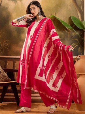 Red Striped Straight Kurti Pant Dupatta Set Elegant Salwar Kameez Indian Outfit for Women - Set of 3