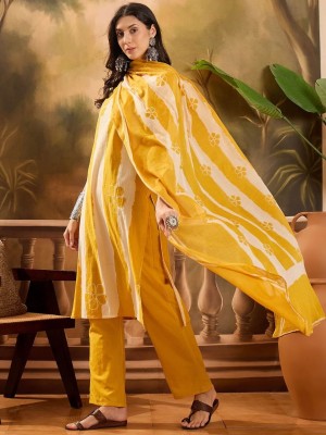 Yellow Striped Straight Kurti Pant Dupatta Set Elegant Salwar Kameez Indian Outfit for Women - Set of 3