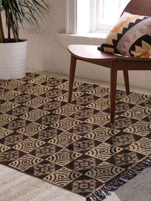 Brown Traditional Hand Woven Area Rug Bohemian Block Printed Indoor Outdoor Cotton Dhurrie Rug 3x5 Ft