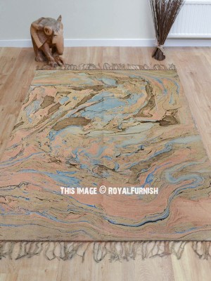 Multi Boho Hand Woven Area Rug Wave Design Marble Print Indoor Cotton Dhurrie Rug 3x5 Ft