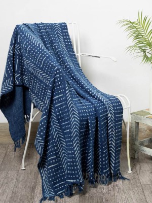 Indigo Blue Mudcloth Designer Cotton Throw Hand Block Print Bohemian Blanket 50X70 Inch