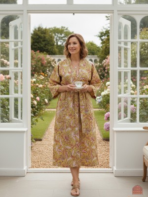 Mustard Yellow Floral Printed Kimono Robe Cotton Beach Cover Up Nightwear Bridesmaid Gown