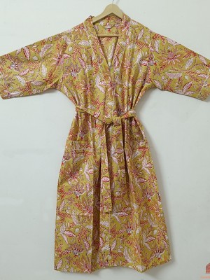 Mustard Yellow Floral Printed Kimono Robe Cotton Beach Cover Up Nightwear Bridesmaid Gown