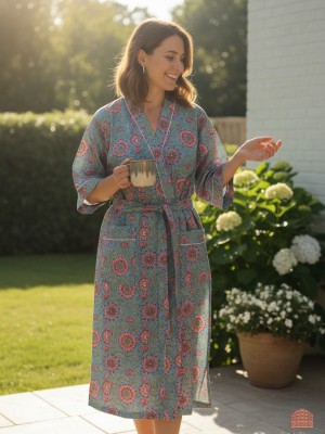 Turquoise Blue Multi Floral Printed Cotton Kimono Indian Boho Robe Summer Dress Beach Coverup