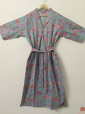 Turquoise Blue Multi Floral Printed Cotton Kimono Indian Boho Robe Summer Dress Beach Coverup
