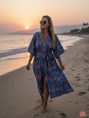 Blue Multi Floral Hand Block Printed Cotton Indian Kimono Bathrobe Handmade Bikini Cover-up Robe