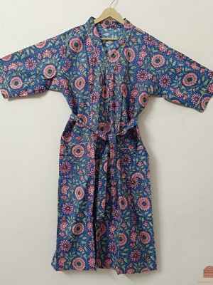 Blue Multi Floral Hand Block Printed Cotton Indian Kimono Bathrobe Handmade Bikini Cover-up Robe