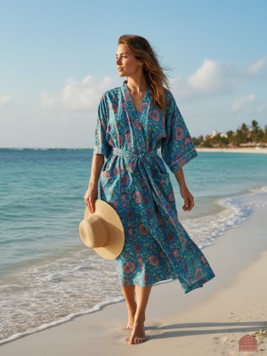 Blue Pure Cotton Indian Block Printed House Robe Summer Kimono Floral Printed Beach Coverup