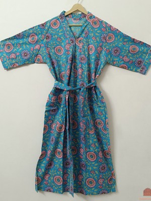 Blue Pure Cotton Indian Block Printed House Robe Summer Kimono Floral Printed Beach Coverup
