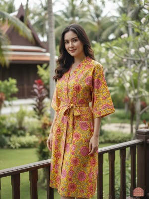 Yellow Pure Cotton Floral Kimono Robe Unisex Beach Cover-Up Indian Soft Fabric Bridal Party Gift