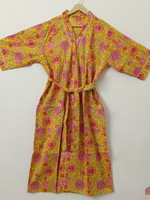 Yellow Pure Cotton Floral Kimono Robe Unisex Beach Cover-Up Indian Soft Fabric Bridal Party Gift