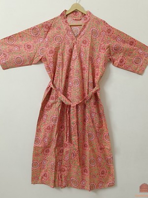 Peach Cotton Kimono Floral Block Printed Robe Bridal Wear Resort Wear Nightwear Gown Gifts For Her