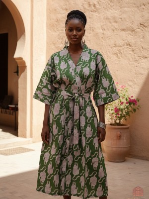 Unisex Pure Cotton Cool Kimono in Green Tiger Handmade Block Print Houserobe Bath Robe Long Jacket