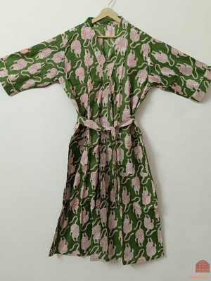 Unisex Pure Cotton Cool Kimono in Green Tiger Handmade Block Print Houserobe Bath Robe Long Jacket