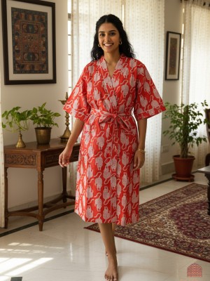 Orange Tiger Print Pure Cotton Indian Block Printed House Robe Summer Kimono Comfy Maternity Mom