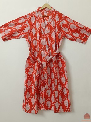 Orange Tiger Print Pure Cotton Indian Block Printed House Robe Summer Kimono Comfy Maternity Mom