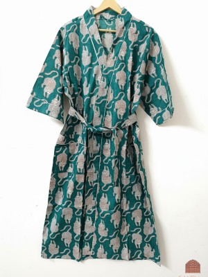 Grey Tiger Print Cotton Kimono Robe Organic Boho Unisex Loungewear Summer Nightwear