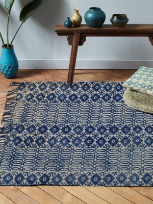 Indigo Blue Outdoor Indoor Dhurrie Rug Patterned Hand Block Printed Rag Rugs for Living Room