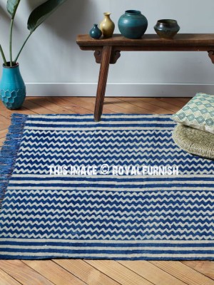 Indigo Blue Outdoor Indoor Dhurrie Rug Patterned Hand Block Printed Rag Rugs for Living Room