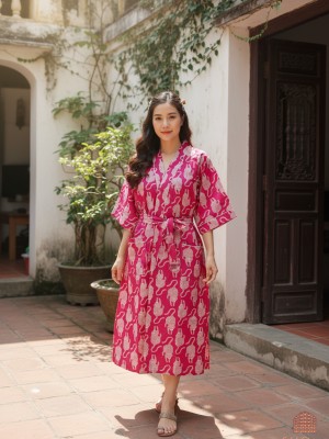 Pink Tiger Print Cotton Kimono Robe Dressing Gown Animal Block Print Bridesmaid Robe Summer Nightwear