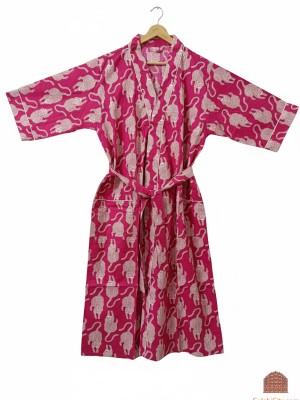 Pink Tiger Print Cotton Kimono Robe Dressing Gown Animal Block Print Bridesmaid Robe Summer Nightwear
