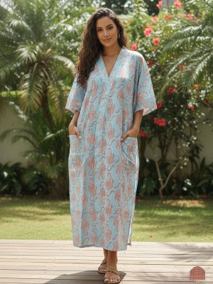 Sky Blue Tiger Print Cotton Kimono Robe Lightweight Bridesmaid Dressing Gown Spa Loungewear