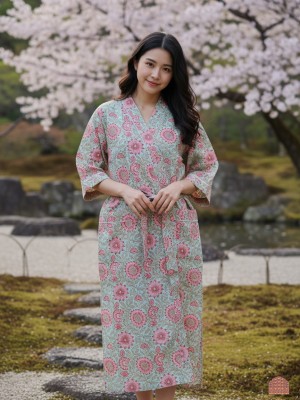 Mint Green Floral Print Cotton Kimono Robe Bridesmaid Dressing Gown Spa Loungewear Beach Cover