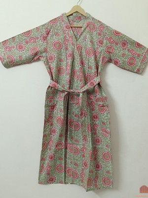 Mint Green Floral Print Cotton Kimono Robe Bridesmaid Dressing Gown Spa Loungewear Beach Cover