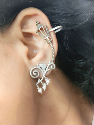 Ethnic Lamp Designer Earcuff Earrings Bohemian Silver Oxidized Earring Jewellery with Pearl Drops