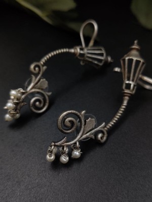 Ethnic Lamp Designer Earcuff Earrings Bohemian Silver Oxidized Earring Jewellery with Pearl Drops