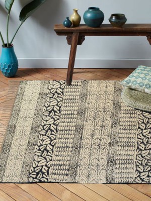 Beige Multi Hand Block Printed Dhurrie Rug Indoor Outdoor Rag Rugs for Living Room